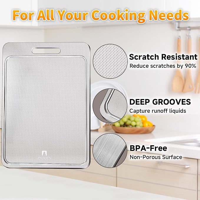 100% Pure Titanium Cutting Board with Groove, Scratch Resistant Chopping Board with Non-slip Pad for Kitchen, Titanium Cutting Boards for Vegetables and Meat, Dishwasher safe 8 * 12 IN