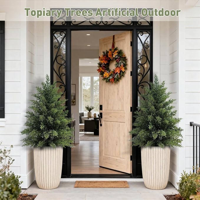 2ft Artificial Cedar Trees for Outdoors Planters Set of 2 Topiary Trees Artificial Outdoor Indoor Realistic Faux Cedar Tree for Home Front Porch Office Entryway Decor