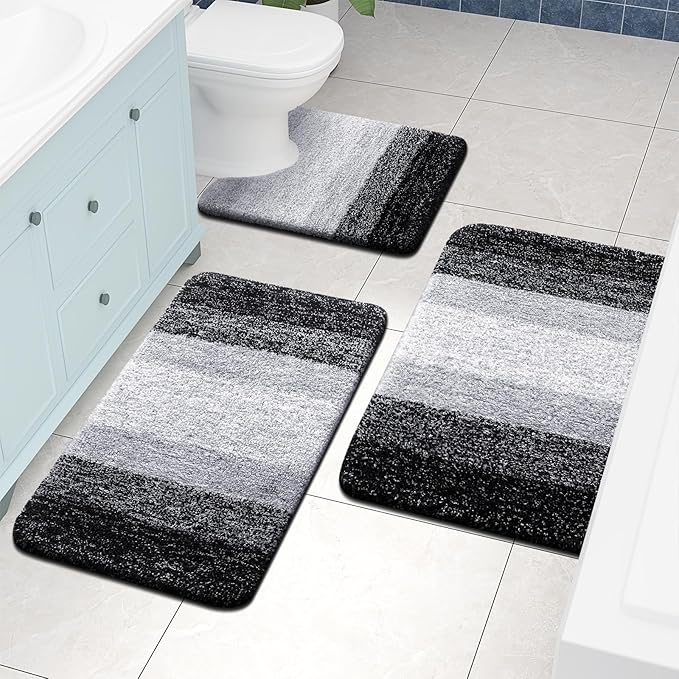 Arotive Microfiber Bathroom Rugs, Shaggy Soft and Absorbent Contour Toilet Rugs, Non-Slip, Thick Plush Machine Washable Dry Bath Mats for Toilet Base, 24x20, Black, U-Shape
