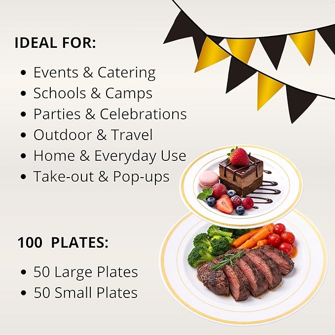 Neatiffy100 Pcs Gold Rim Plastic Dinnerware Set (50 Guest) | 50 x (Dinner Plate, Dessert Plate) | For Wedding, Luxurious Party, Special Event