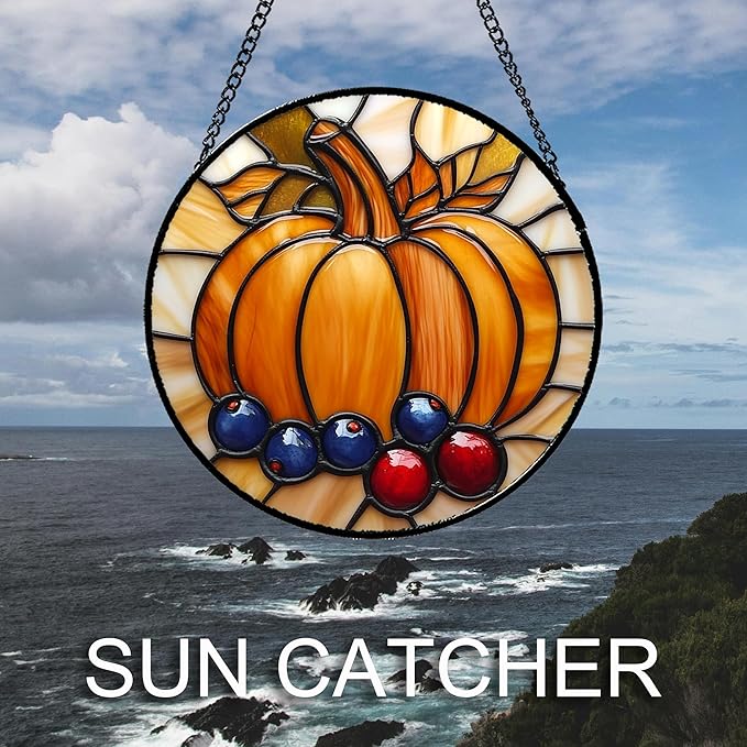 Stained Glass Window Hanging Fall Pumpkin Berries 7.8" - Suncatcher Door Garden Kitchen Sunroom Sun Catcher Autumn Home Decor Birthday for Mom Grandma Men Woman
