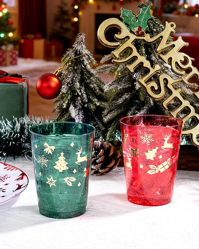 Ciaell 60 Pack Christmas Plastic Cups - 10 Oz Red and Green Disposable Cups - Christmas Wine Glasses for Xmax Party Supplies