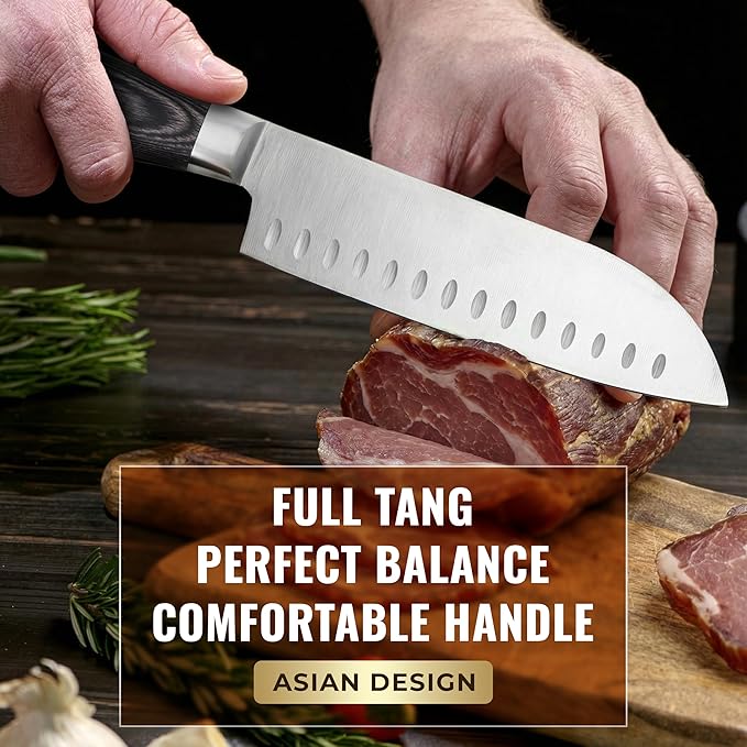 Santoku Knife – Ultra Sharp 7 Inch Meat and Vegetable Japanese Knife for Chopping, High Carbon Stainless Steel Blade, Full Tang Pakkawood Handle – Shinobi Series