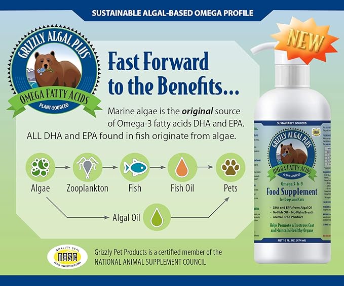 Grizzly Pet Products Algal Plus Omega 3-6-9 Food Supplement for Dogs and Cats, 32 Ounce Bottle