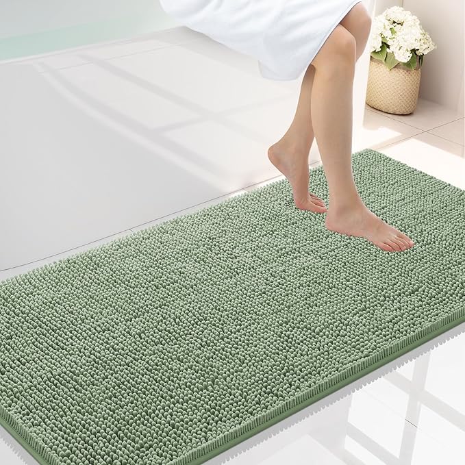 Smiry Luxury Chenille Bathroom Rugs 40x24, Extra Soft and Absorbent Shaggy Bath Mat, Machine Washable, Non-Slip Plush Carpet Runner for Tub, Shower, and Floor, Home Decor Accessories, Sage Green