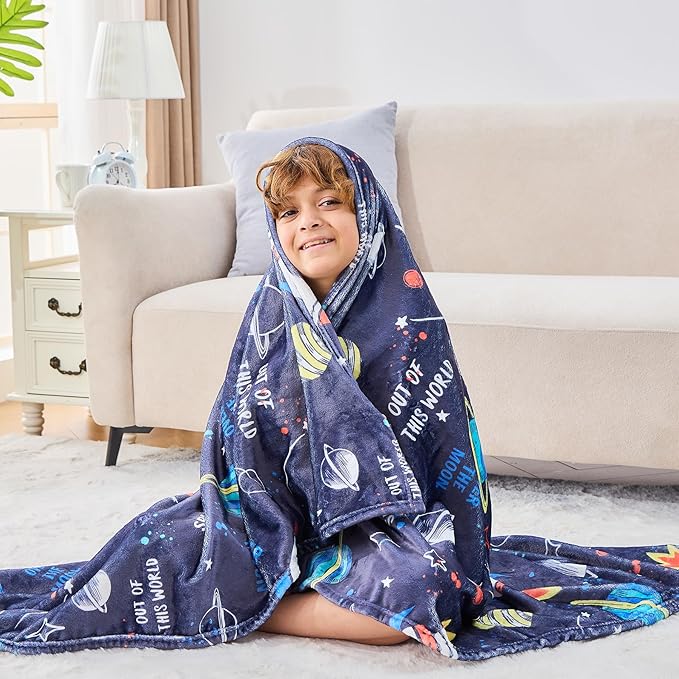 Wajade Toddler Fleece Space Blanket for Boys Kids 3D Rocket Planets Soft Throw Blanket Birthday Christmas Halloween Space Decor for Children 60"x80"