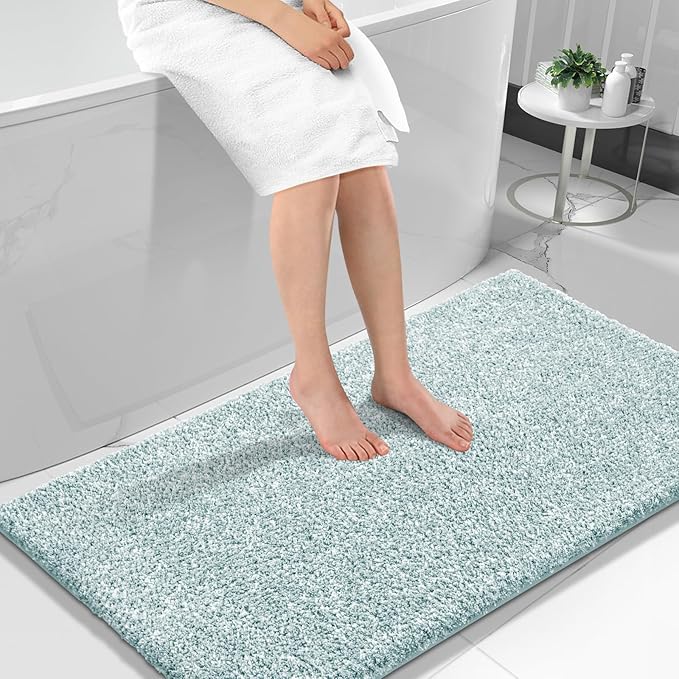 Yimobra Long Bathroom Rug Non Slip Washable, Soft Absorbent Microfiber Bath Mat, Dual-Tone Decor Rug with Rubber Backing for Bathroom Floor,Tub and Shower,47x24,Home Essentials,Light Blue and White