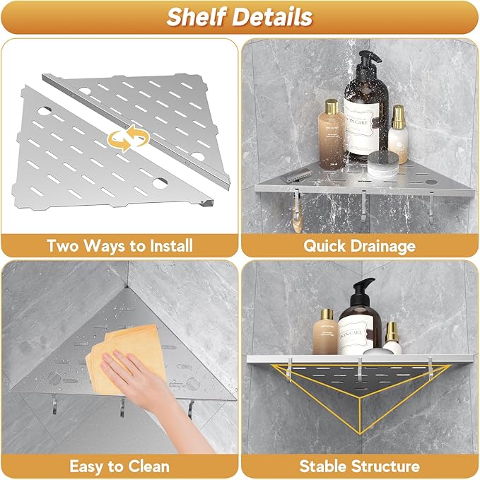 Corner Shower Shelf 10" Silver 304 Stainless Steel Recessed Shelf for Bathroom，Shower Corner Rack with Razor Hole Hook， Grout in Shelf for Tiled Wall, 2 Pack