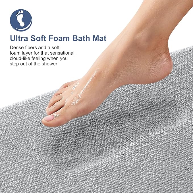 OLANLY Thick Memory Foam Bath Mat Rug 59x20, Extra Soft Absorbent Bathroom Rug, Quick Dry Bath Mats, Non-Slip, Machine Washable Carpet for Bathroom, Tub and Shower, Home Decor Accessories, Light Grey