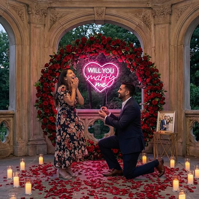 Will You Marry Me Neon Sign Pink Heart LED Light for Proposal Decor, Romantic Engagement Decoration USB Powered LED Wall Sign for Wedding, Valentine’s Day, Anniversary, Bedroom Decor