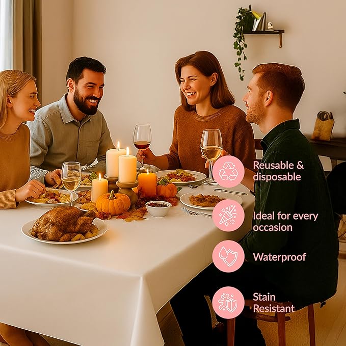 Prestee 48 White Plastic Tablecloth 108x54 Inches - No See-Through Rectangular Disposable Tablecloths for Indoor and Outdoor Events - Heavy-Duty and Waterproof for Holiday and Thanksgiving