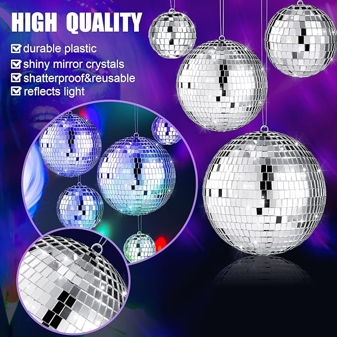 MTLEE 20 Pcs Disco Balls Decoration Mirror Disco Ball Assorted Silver Mini Glass Different Sizes Reflective with Rope for 70s Wedding Dance Music(6, 4, 3. 2, 2 Inch)