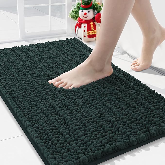 Arotive Luxury Chenille Bathroom Rug Mat, Extra Soft Thick Absorbent Shaggy Bath Rugs, Non-Slip Machine Wash Dry, Plush Bath Mats for Bathroom, Shower and Tub, 34x21, Dark Green