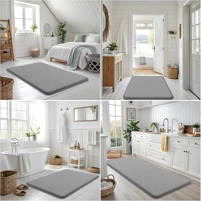 Smiry Memory Foam Bath Mat 59x34, Extra Soft and Absorbent Bathroom Mats, Non Slip Washable Carpet for Floor, Shower and Tub, Grey
