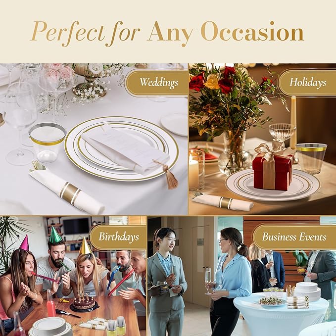 Reli. Plastic Plates for Party | 210 Pieces | White w/Gold Rim | Plates and Napkins Party Supplies | Disposable Dinnerware Set for 30 Guests | Dinner & Dessert Pack, Pre-Rolled Gold Cutlery Set, Cups