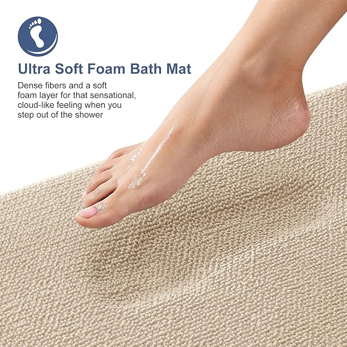OLANLY Thick Memory Foam Bath Mat Rug 47x17, Extra Soft Absorbent Bathroom Rug, Quick Dry Bath Mats, Non-Slip, Machine Washable Carpet for Bathroom, Tub and Shower, Home Decor Accessories, Beige