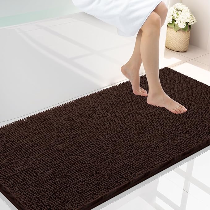 Smiry Luxury Chenille Bathroom Rugs 47x24, Extra Soft and Absorbent Shaggy Bath Mat, Machine Washable, Non-Slip Plush Carpet Runner for Tub, Shower, and Floor, Home Decor Accessories, Brown
