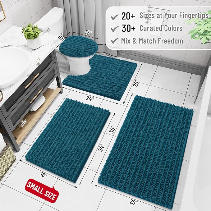 Arotive Luxury Chenille Bathroom Rug Mat, Extra Soft Thick Absorbent Shaggy Bath Rugs, Non-Slip Machine Wash Dry, Plush Bath Mats for Bathroom, Shower and Tub, 36x24, Peacock Blue