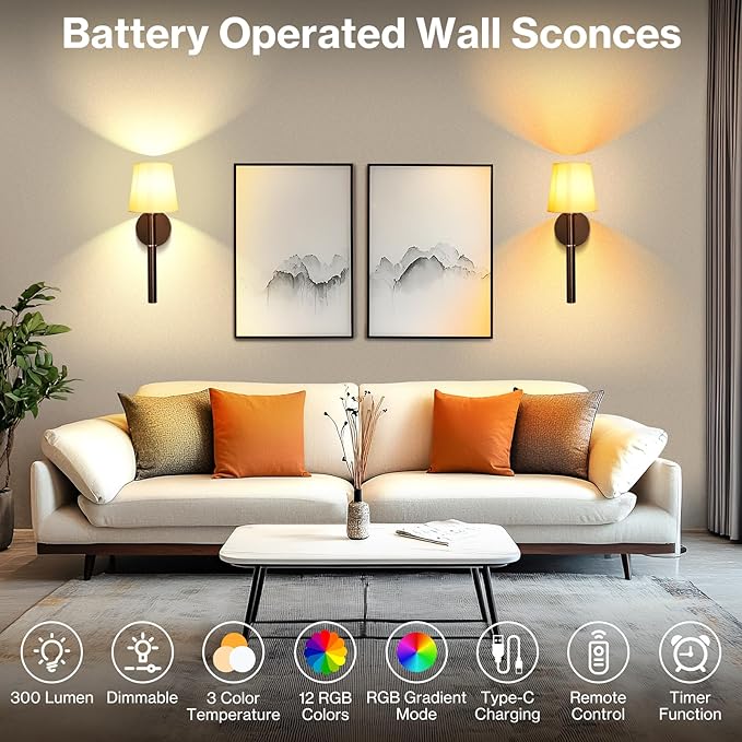Battery Operated Wall Sconce Set of 2, 5200mAh RGB Wireless Wall Lights with Detachable Charging Stick & Dimmable Bulbs, 12 Colors Rechargeable Wall Lamps for Bedroom Living Room Hallway Decor, Black