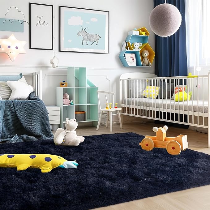 Super Fluffy Rug for Bedroom, 4x6 Shag Fuzzy Area Rug for Living Room Bedroom, Plush Soft Carpet for Girls Boys Kids, Non Slip Throw Rugs for Dorm, Modern Home Decor Aesthetic, Dark Blue