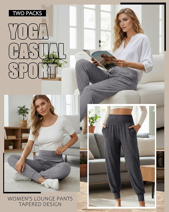 2 Pack Women's Yoga Joggers, Cozy Sweatpants with Pockets Casual Loose Comfy High Waisted Lounge Pants
