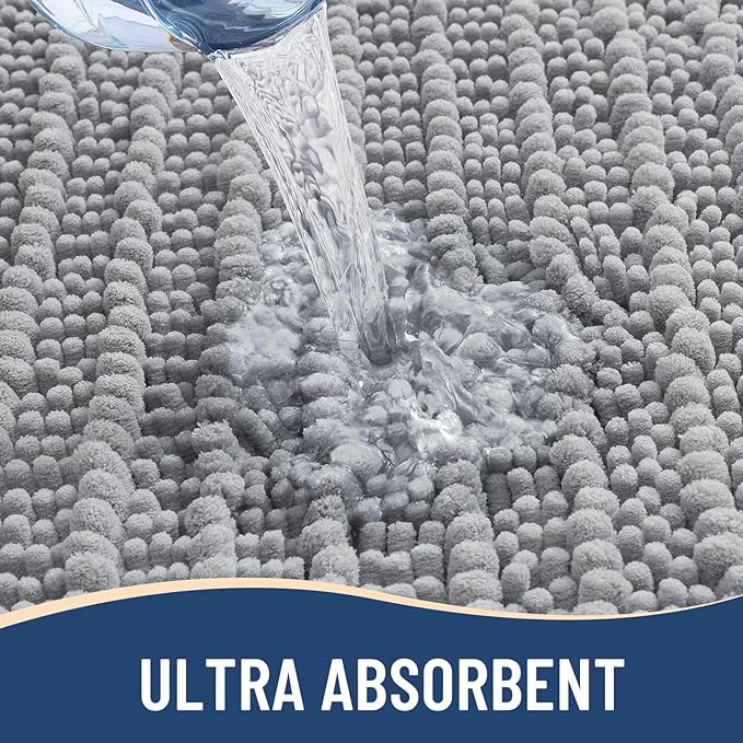 Arotive Luxury Chenille Bathroom Rug Mat, Extra Soft Thick Absorbent Shaggy Bath Rugs, Non-Slip Machine Wash Dry, Plush Bath Mats for Bathroom, Shower and Tub, 70x24, Light Grey