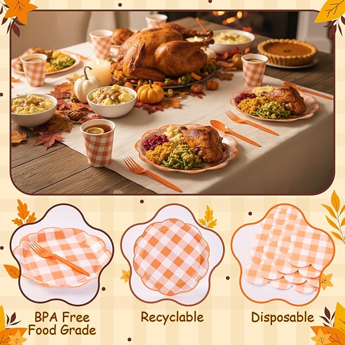 125Pcs Orange Gingham Plates, Disposable Fall Plaid Dinnerware with Plates, Napkins, Forks and Cups Orange and White Checkered Party Supplies for Harvest Thanksgiving Party