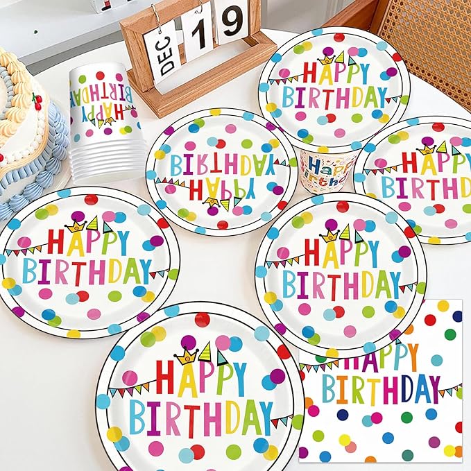 Happy Birthday Paper Plates and Napkins Sets - 350 Pcs Polka Dots Happy Birthday Party Supplies Tableware Set, Disposable Plates Napkins Kit for Boys Girls Birthday Party Decorations, Serves 50