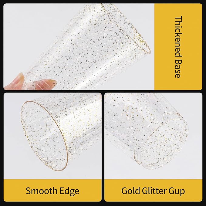 Goodluck 14 oz 200 PCS Gold Glitter Plastic Cups, Disposable Glitter Cups, Elegant Plastic Cocktail Glasses, Fancy Party Cups for Wedding, Birthday, Holiday