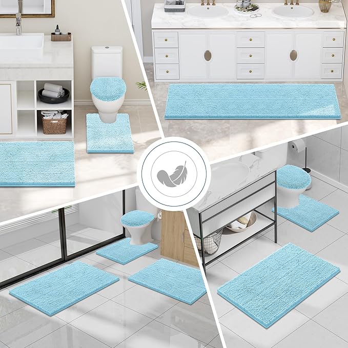 Smiry Luxury Chenille Toilet Rugs U-Shaped 24x24, Soft Absorbent Non-Slip Contour Bathroom Rugs for Toilet, Machine Washable Contoured Bath Mats, Sky Blue