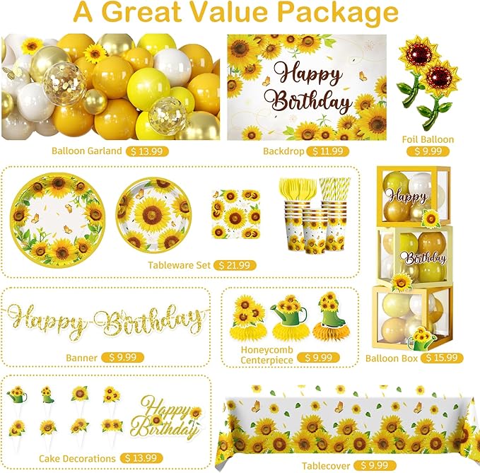 297pcs Sunflower Birthday Decorations-Serves 25, All-in-one Sunflower Party Decorations with 350gsm Plate, Backdrop, Tablecloth, Banner, Balloon, Balloon Box, Centerpiece, Cake Topper, Etc