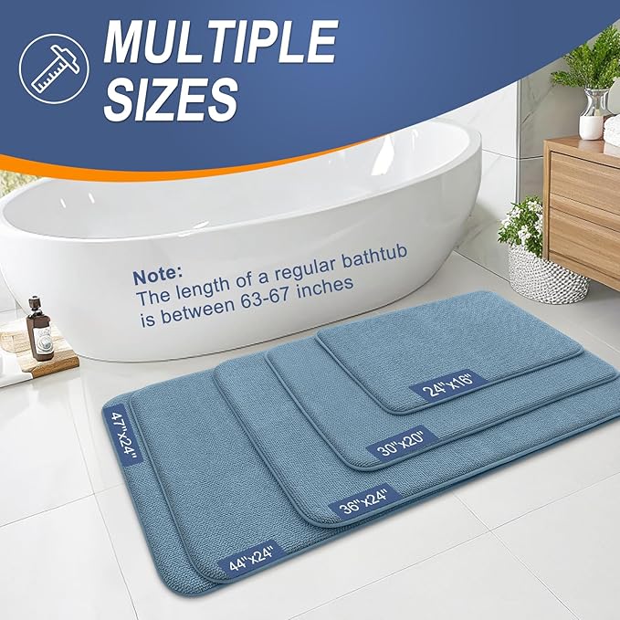 OLANLY Thick Memory Foam Bath Mat Rug 47x20, Extra Soft Absorbent Bathroom Rug, Quick Dry Bath Mats, Non-Slip, Machine Washable Carpet for Bathroom, Tub and Shower, Home Decor Accessories, Airy Blue