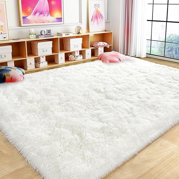 Ultra Fluffy Rug for Living Room Bedroom, 5x7 Fuzzy Large Area Rug for Living Room, Plush Soft Shag Carpet for Girl Boy Kids, Non Slip Rug Modern Indoor Home Decor Aesthetic, Cream White