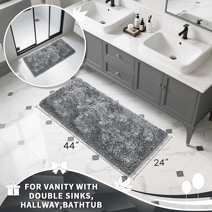 Yimobra Luxury Chenille Bathroom Rug Mat, Extra Soft and Absorbent Shaggy Bath Rugs Non Slip, Machine Washble Dry, Plush Floor Carpet for Tub, Shower, and Bath Room, 36x24 Inch, Silver