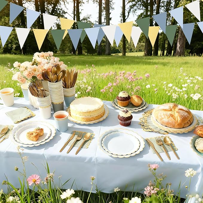 Mimorou 342 Pcs Blue and Green Party Supplies Dusty Tableware Paper Disposable Plates Napkins Cups Plastic Tablecloth Blue and Green Golden Triangle Banner for Wedding Bachelorette Birthday