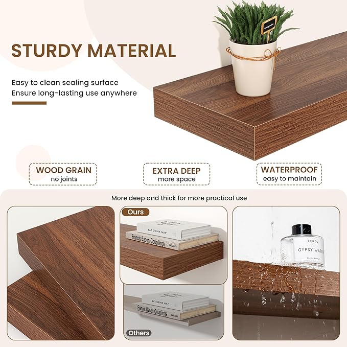 Axeman 16Inch Floating Shelves for Wall, 2 Pack Shelves for Bedroom, Bathroom, Kitchen, Hanging Wall Mounted Rustic Wood Shelf with Invisible Brackets for Books Decor, Walnut