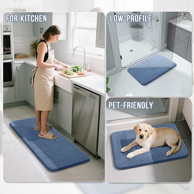 Yimobra Bathroom Runner Rugs 72"x24" Non Slip Washable Memory Foam Bath Mat, Super Soft Water Absorbent Hallway Carpet for Vanity Tub Shower, Denim Blue
