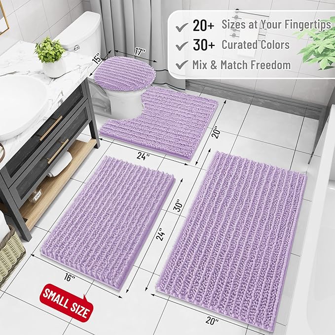 Arotive Luxury Chenille Bathroom Rug Mat, Extra Soft Thick Absorbent Shaggy Bath Rugs, Non-Slip Machine Wash Dry, Plush Bath Mats for Bathroom, Shower and Tub, 54x24, Light Purple