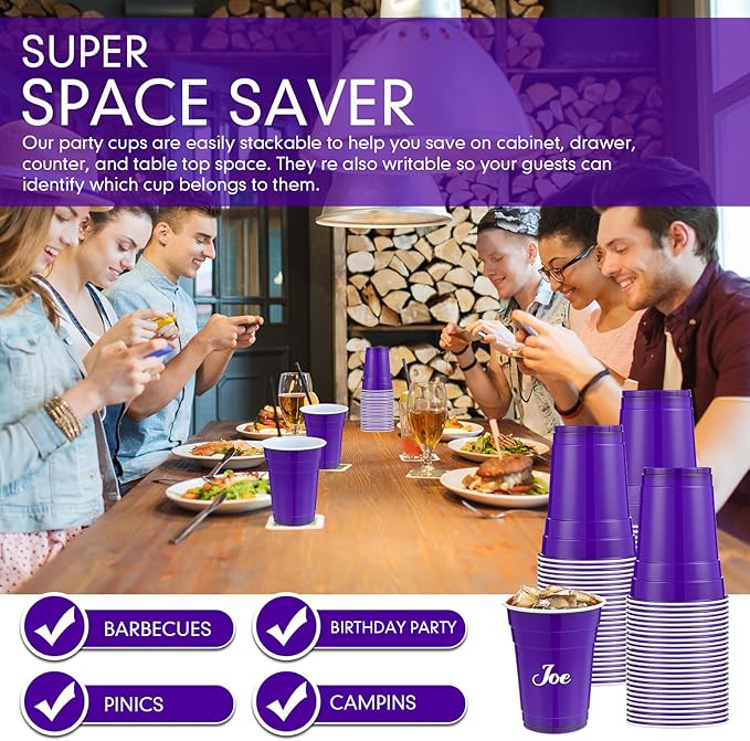 Mimorou Puple 200 Pack 16 oz Disposable Plastic Cups Bulk, Party Plastic Cups for Parties Stackable Beverage Drinking Tumbler Heavy Duty for Events Picnics and BBQ Wedding Birthday Baby Shower