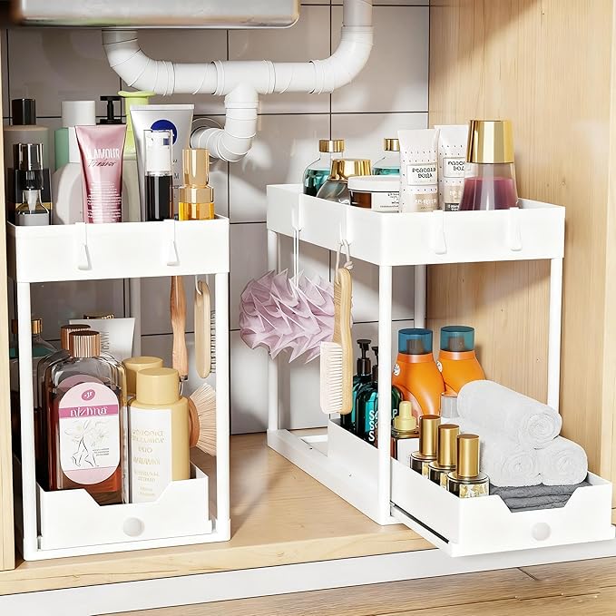 Simple Trending Under Sink Organizer 2 Pack, Sink Pull-Out Sliding Storage Cabinet, 2-Tier Under Shelf Organizer for Kitchen Bathroom, White