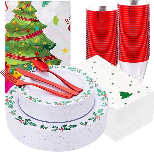 GATHER 176Pcs Christmas Plastic Plates - Heavy Duty Christmas Dinnerware Set Includes 50 Plates, 75 Red Plastic Silverware, 25 Cups, 25 Napkins and 1 Tablecloth for Xmas Party