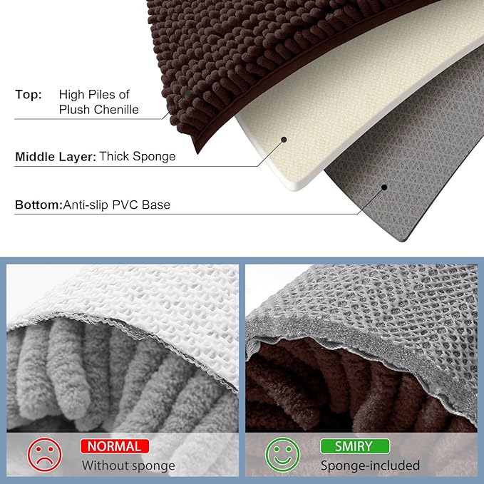 Smiry Luxury Chenille Bathroom Rugs 44x24, Extra Soft and Absorbent Shaggy Bath Mat, Machine Washable, Non-Slip Plush Carpet Runner for Tub, Shower, and Floor, Home Decor Accessories, Brown