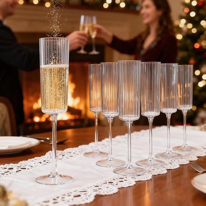 36 Pack Clear Plastic Champagne Flutes - 6oz Ribbed Disposable Champagne Glasses - Clear Vintage Mimosa Glasses with Long Stem - Elegant Sparkling Wine Stemware for Weddings, Parties