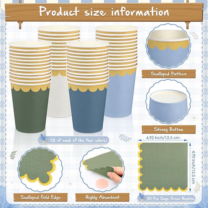Mimorou 342 Pcs Blue and Green Party Supplies Dusty Tableware Paper Disposable Plates Napkins Cups Plastic Tablecloth Blue and Green Golden Triangle Banner for Wedding Bachelorette Birthday