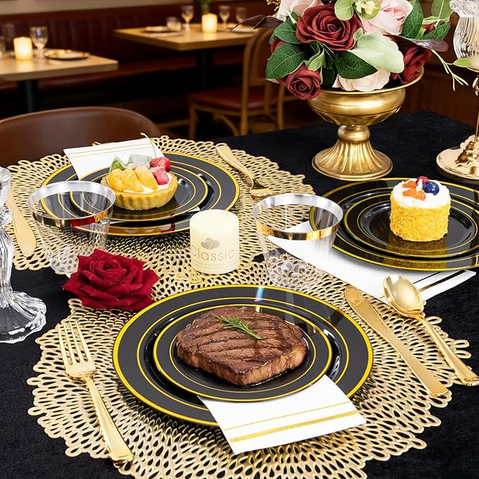 GATHER 350PCS Black Plastic Plates - Black and Gold Disposable Dinnerware Set Include 100 Plates, 150 Gold Silverware, 50 Napkins, 50 Cups for Party & Wedding & Birthday & New Year