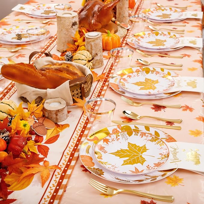 GATHER 176 Pieces Thanksgiving Plates- Disposable Gold Plastic Silverware- Thanksgiving Dinnerware with Maple Leaves Include 50 Plates 75Plastic Silverware 25Cups 25 Napkins and 1 Tablecloth