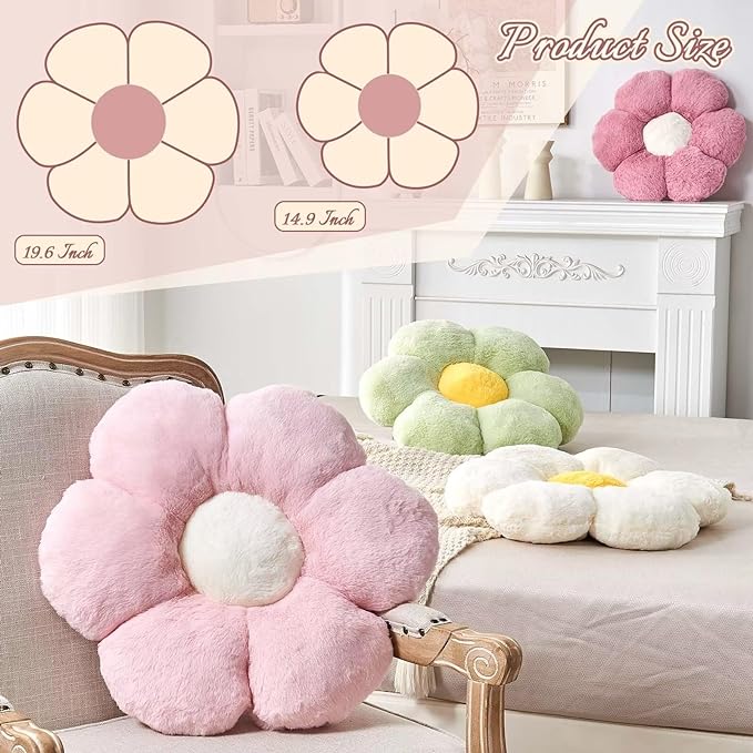 Lavender Flower Pillow, Cute Decorative Flower Shaped Throw Pillow with Faux Rabbit Fur, 19.6" Soft Flower Plush Throw Pillow Floor Pillows Room Décor for Bedroom Living Room