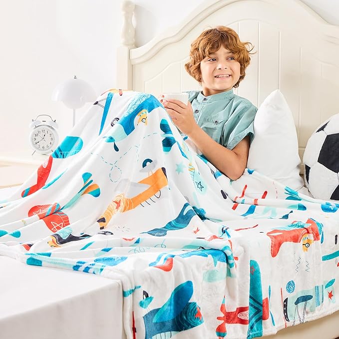 Wajade Airplane Blanket for Boys Soft Fleece Cute Aircraft Blanket for Couch Sofa Bedroom Fuzzy Flannel Blankets Birthday for Kids Boys 60"x80"