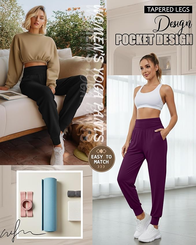 2 Pack Women's Yoga Joggers, Cozy Sweatpants with Pockets Casual Loose Comfy High Waisted Lounge Pants
