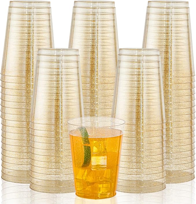 I00000 200pcs Gold Plastic Cups - 10 OZ Hard Gold Glitter Disposable Cups For Cocktail And Drinking - Premium Disposable Plastic Cup with Gold Glitter For Fancy Elegant Party Cup